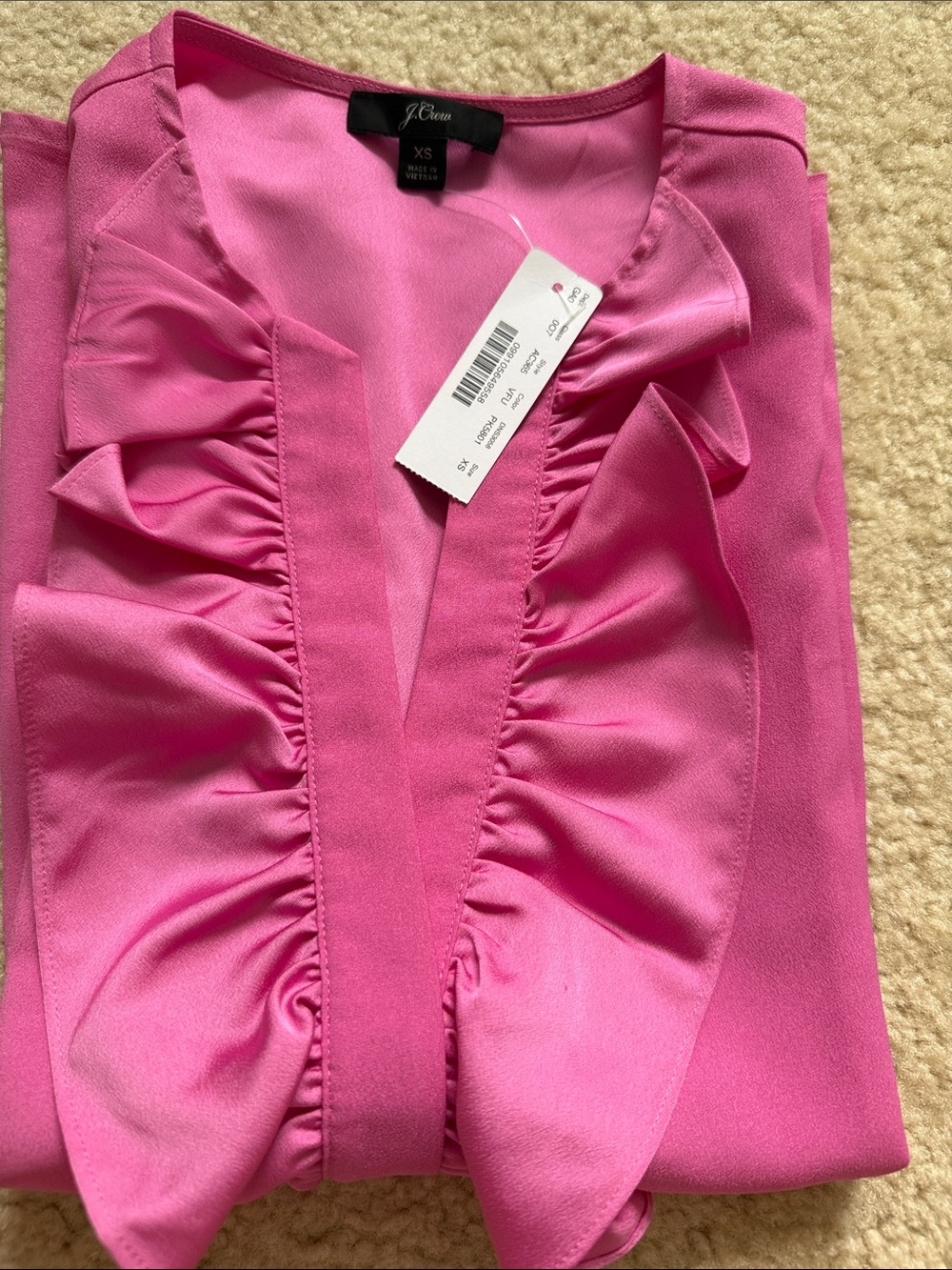 Brand new!!! J. Crew Bright Pink Ruffle V-Neck Blouse size XS 100% polyester